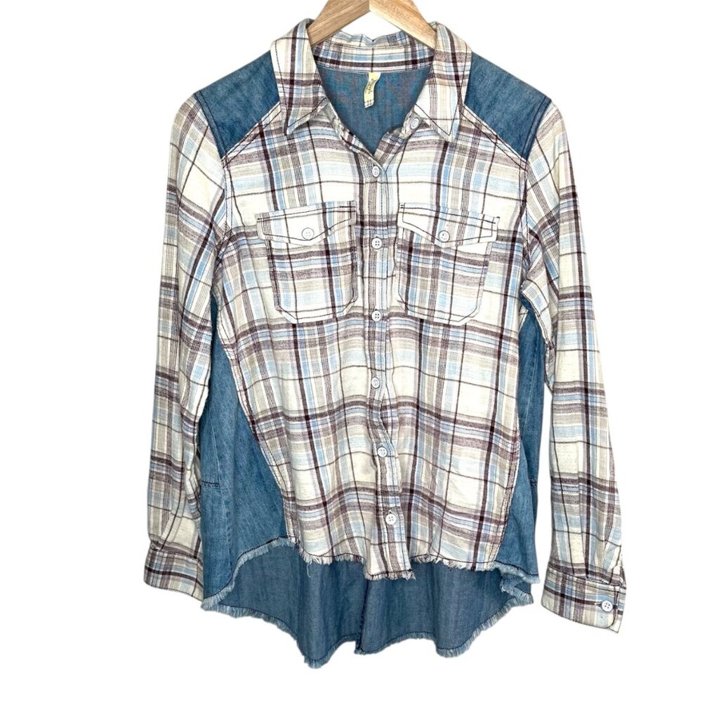 Free People Road Trip Getaway Long Sleeve Plaid Multimedia Top S